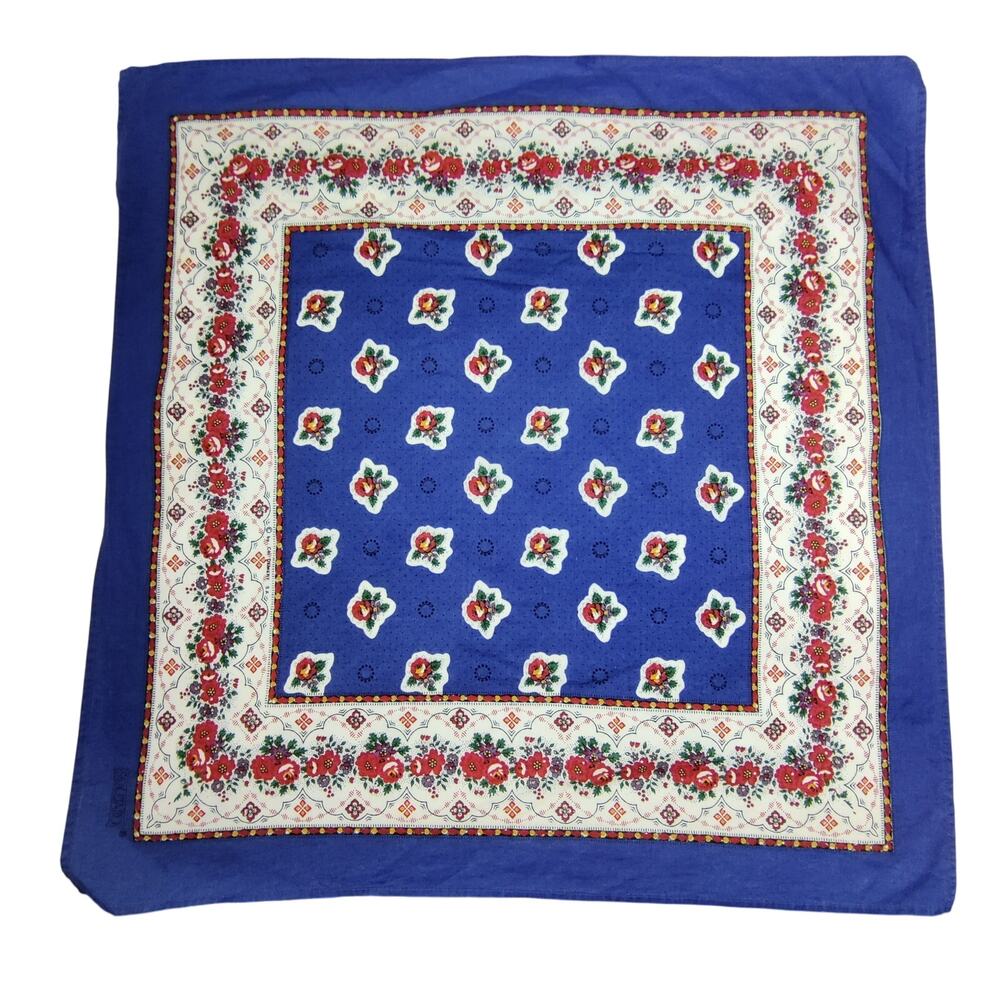 Souleiado Provencal Blue Floral Cotton Square Scarf Cottagecore Made in France